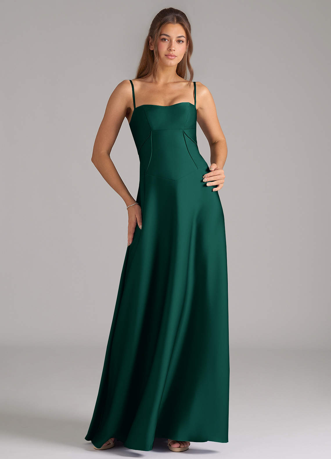 Azazie Valentine Bridesmaid Dresses Emerald A-Line Corset Stretch Satin Dress image1