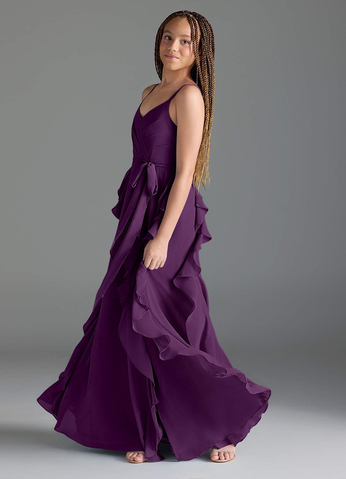 Azazie Peyton Junior Linia A Pofałdowany Szyfon Długość podłogi Młodsza druhna Sukienka image3