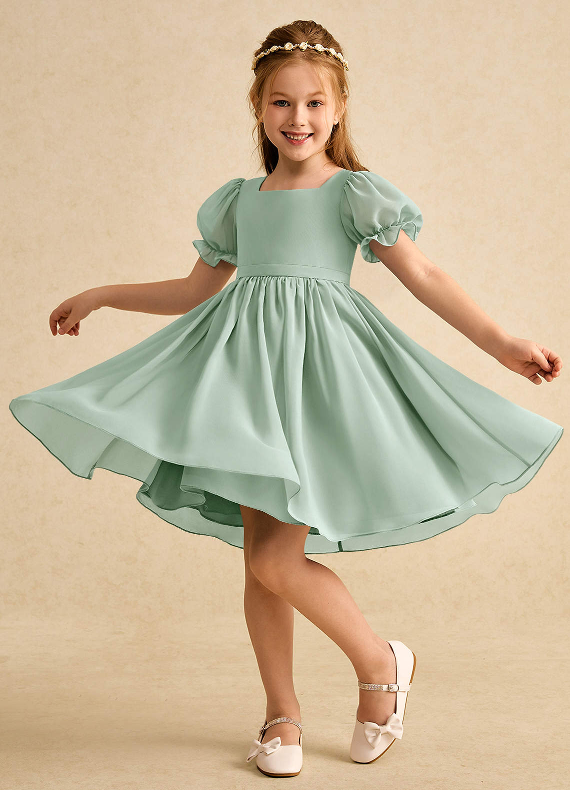 Azazie Jolie Blumenmädchenkleider A-Linie mit ärmel Chiffon Kleid Agave image2