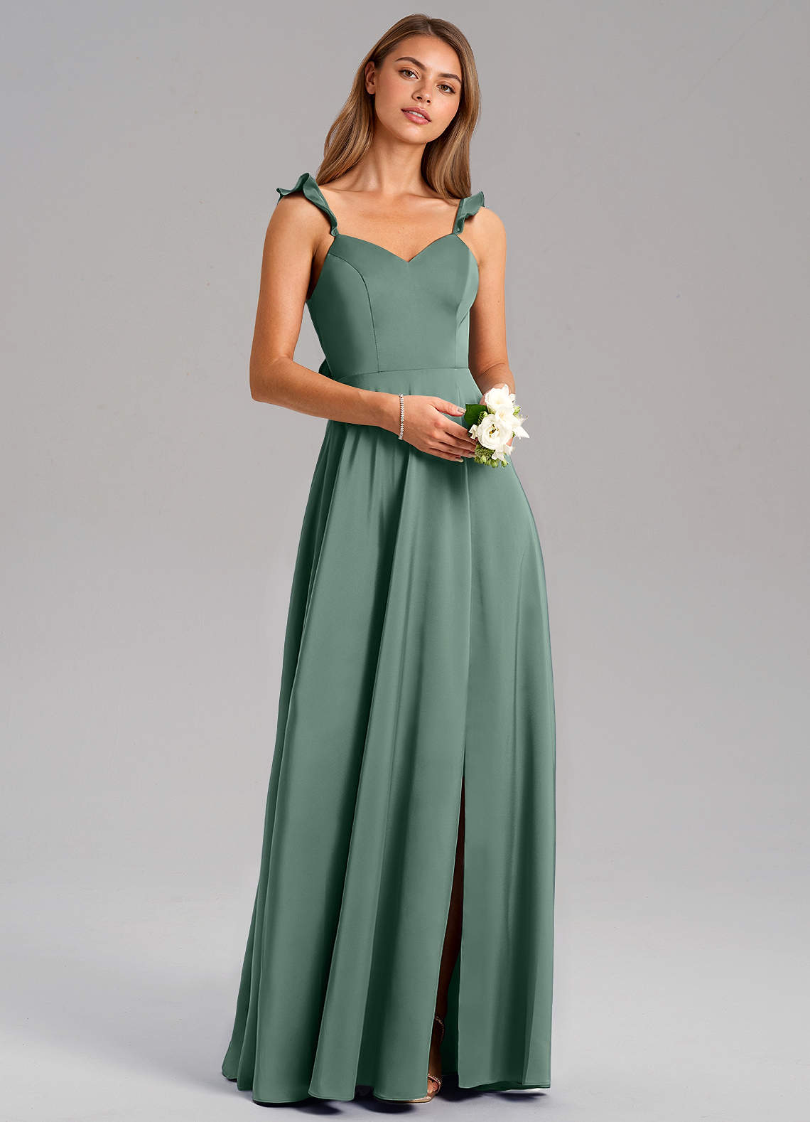 Azazie Everett Bridesmaid Dresses Eucalyptus A-Line Stretch Satin Dress image1