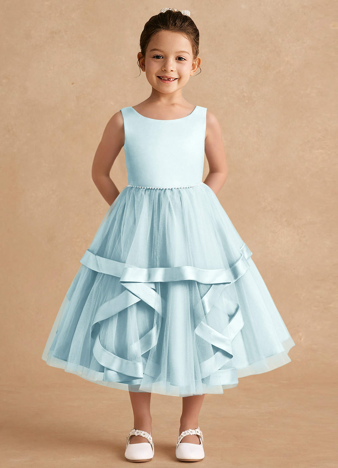 Azazie Posy Blumenmädchenkleider A-Linie Mit Perlen Tüll Kleid Seegrün image1
