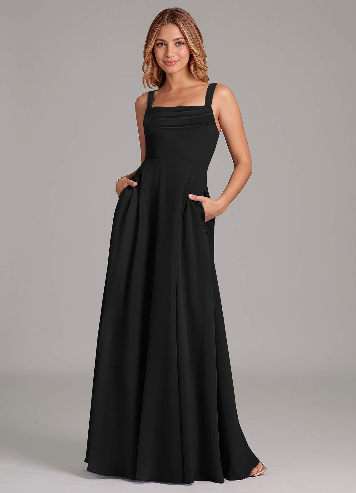 Azazie Shaude Bridesmaid Dresses Black A-Line Pleated Chiffon Dress image1