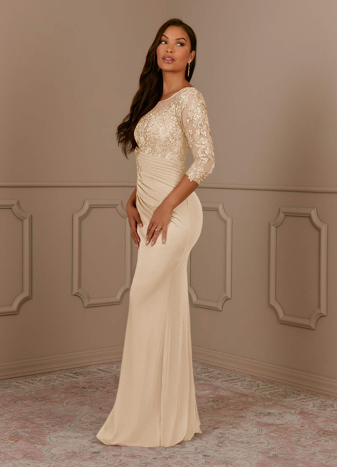 Azazie Fatemah Mother of the Bride Dresses Champagne Mermaid Scoop Lace Lace Dress image1