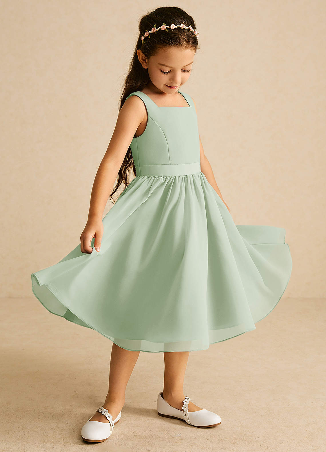 Azazie Ari Flower Girl Dresses Dusty Sage A-Line Sleeveless Chiffon Dress image1