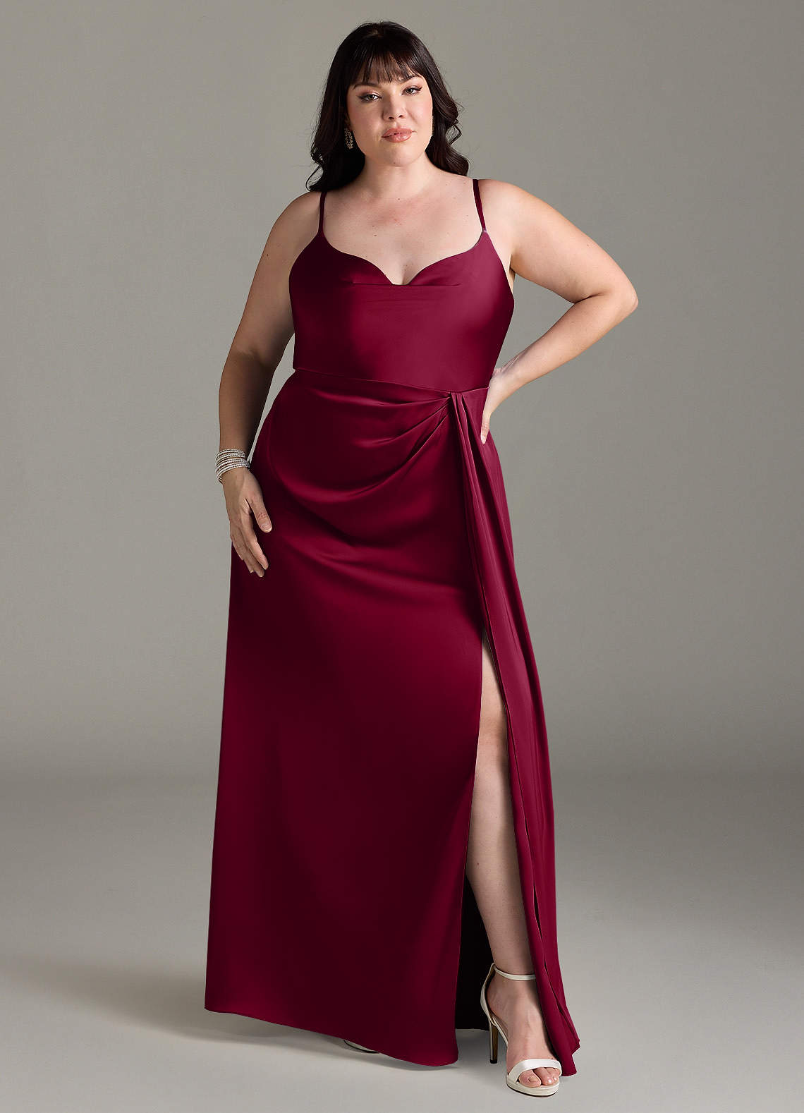 Azazie Brielle Bridesmaid Dresses Burgundy A-Line Cowl Spaghetti Straps Stretch Satin Dress image1