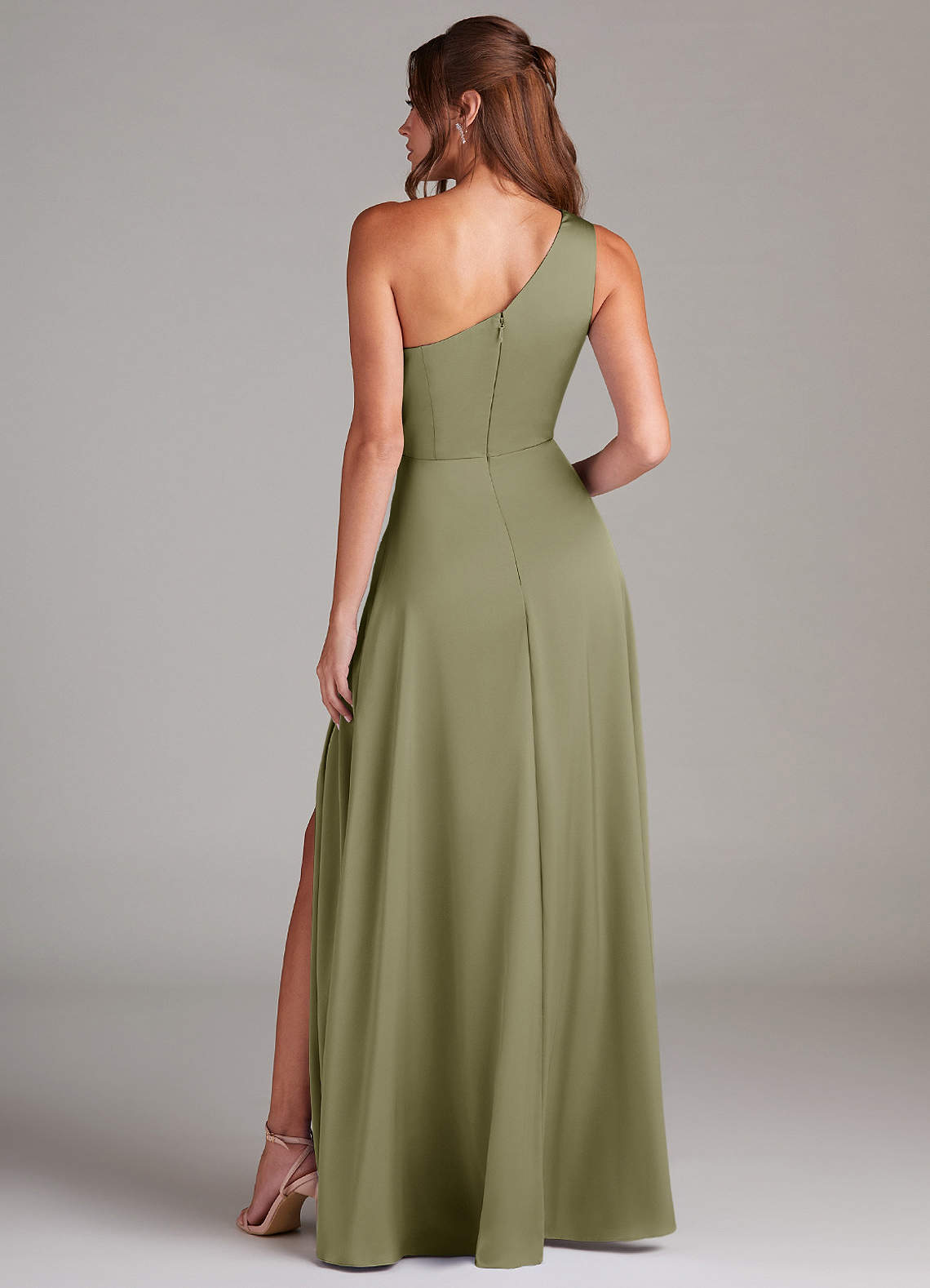 Azazie Brooke Bridesmaid Dresses Pistachio A-Line One Shoulder Stretch Satin Dress image6
