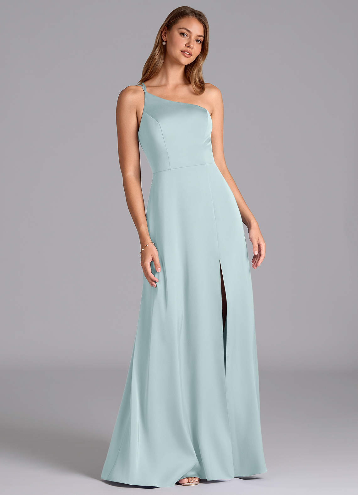 Azazie Trina Bridesmaid Dresses Mist A-Line One Shoulder Stretch Satin Dress image1