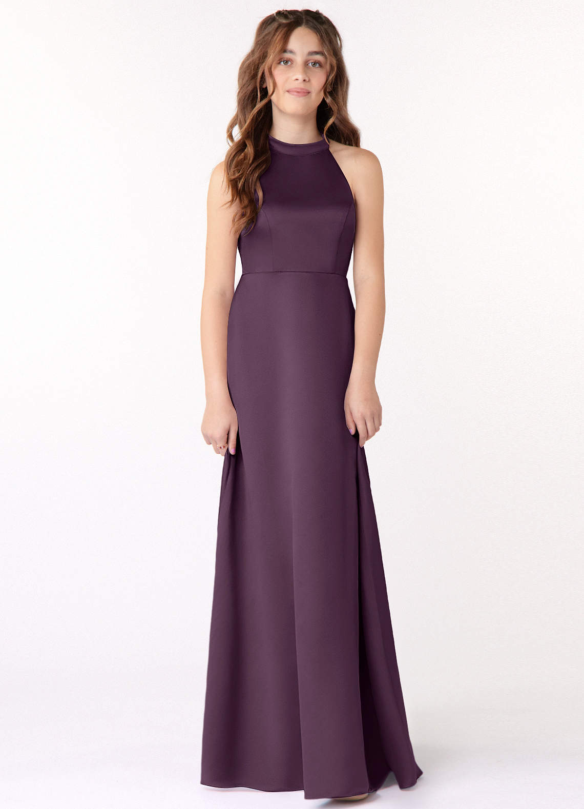 Azazie Laurel Junior Plum A-Line Stretch Satin Dress image1