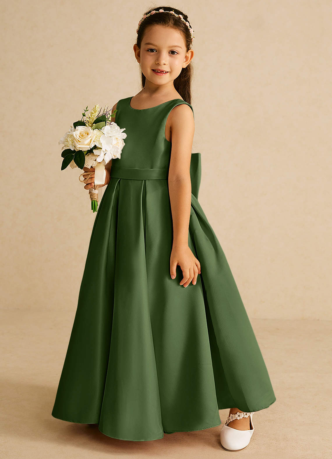 Azazie Pipsy Flower Girl Dresses Olive A-Line Bow Matte Satin Dress image1