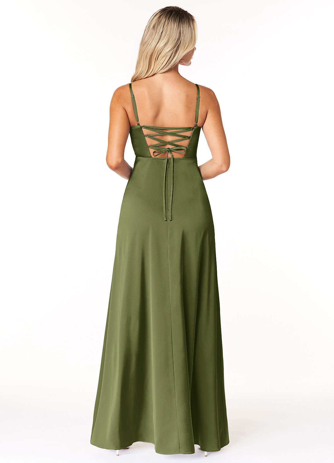 Azazie Marchella Robes de demoiselle d'honneur Robe Trapèze en Satin extensible Corset Olive image1