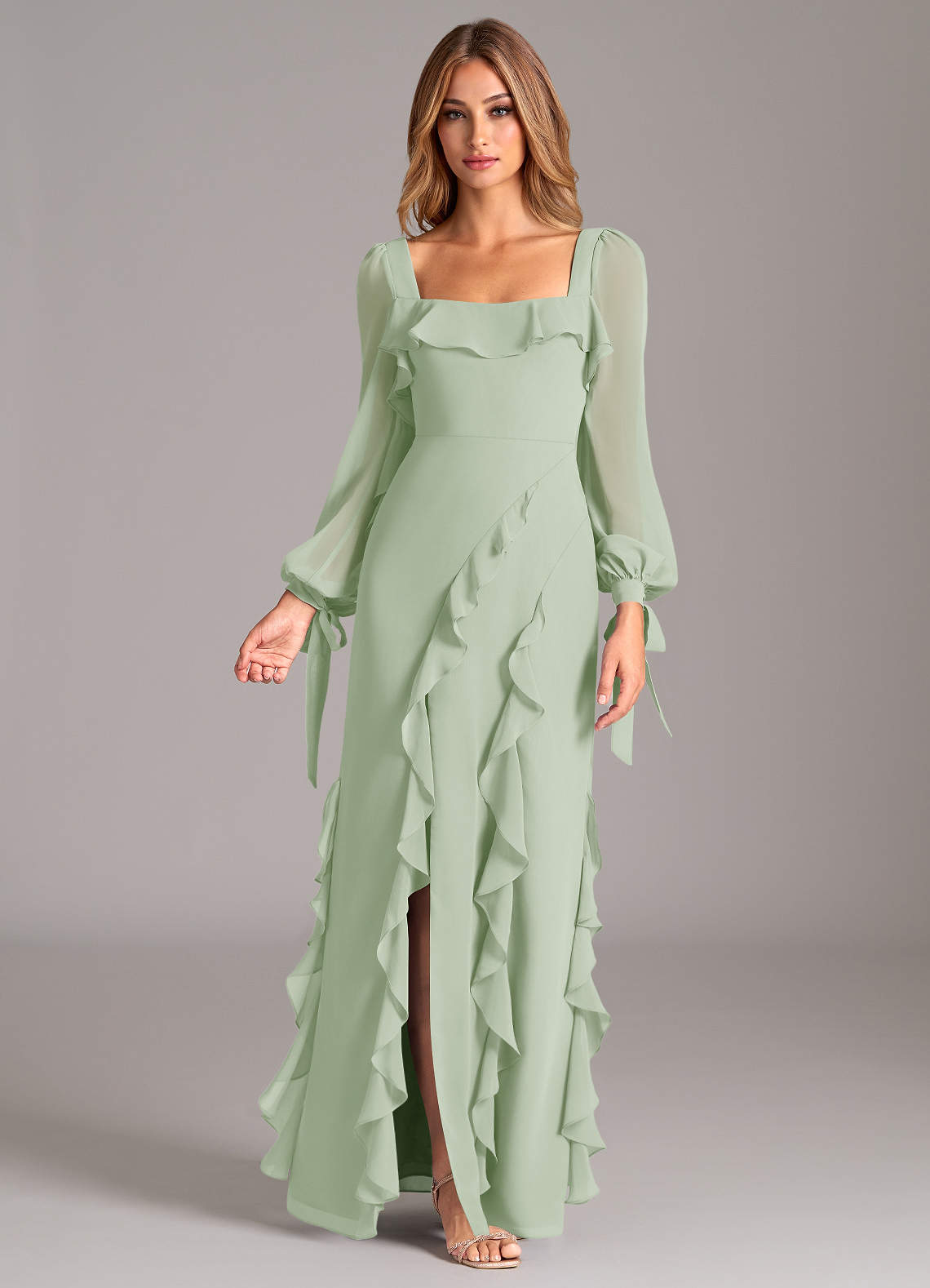 Azazie Candice Bridesmaid Dresses Dusty Sage A-Line Long Sleeve Chiffon Dress image1
