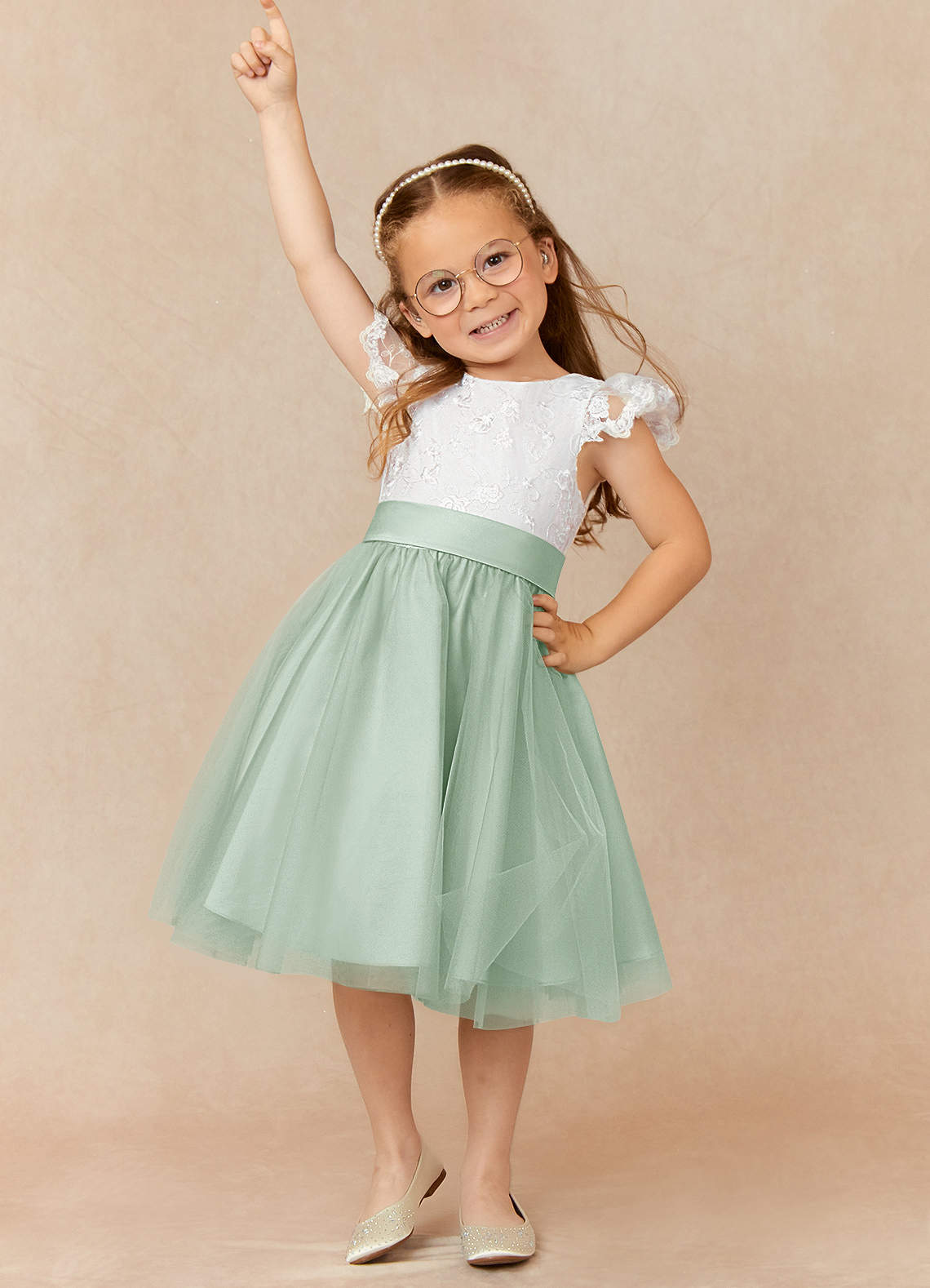 Azazie Vetty Flower Girl Dresses Ivory Agave A-Line Lace Tulle Dress image1
