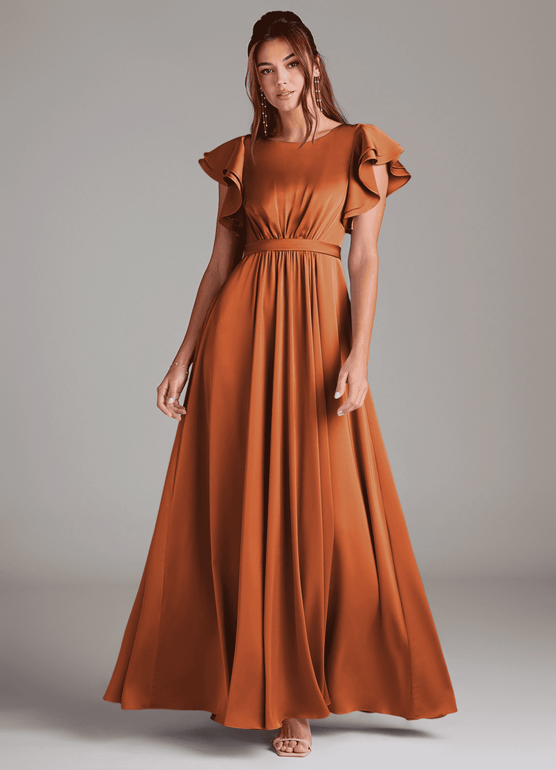 Azazie Daphne At-home Try On Dresses A-Line Ruched Stretch Satin Floor-Length Dress image2