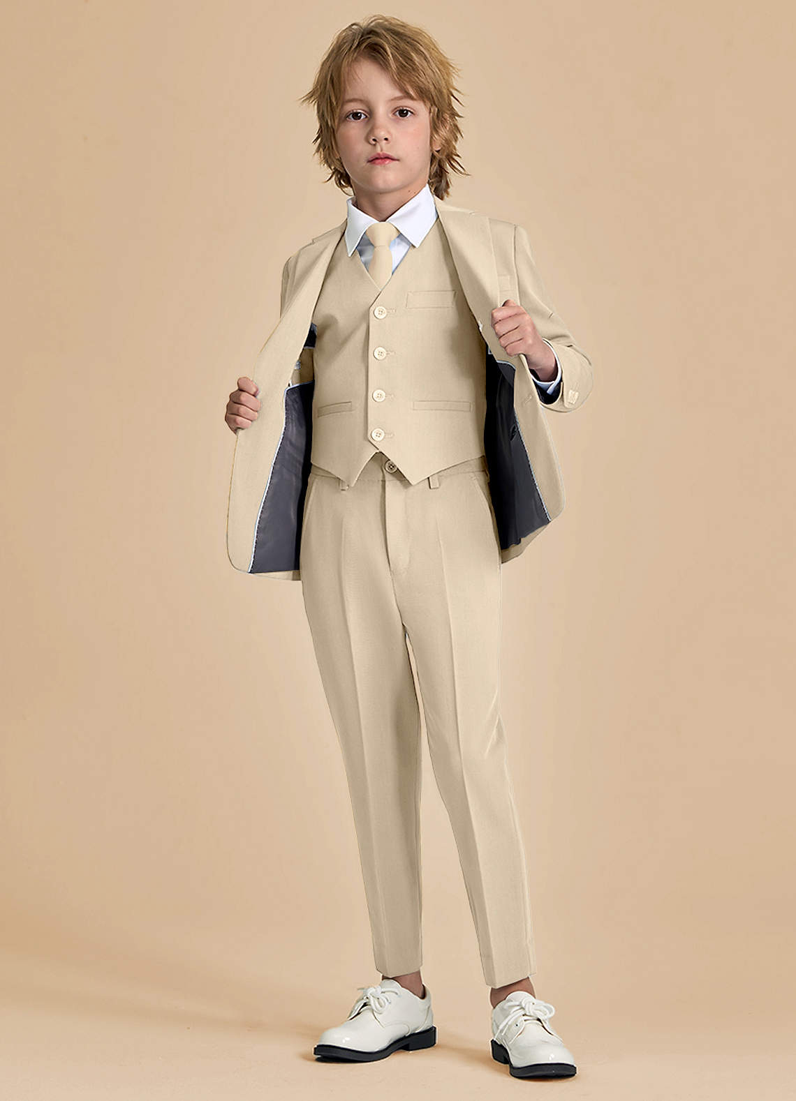 front Oliver Boys Tan 5-Piece Suit With Pre-tie