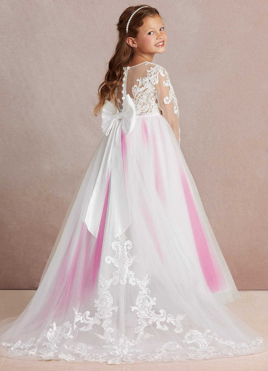 Azazie Elodie Flower Girl Dresses Ivory Fuchsia Ball-Gown Lace Dress image1