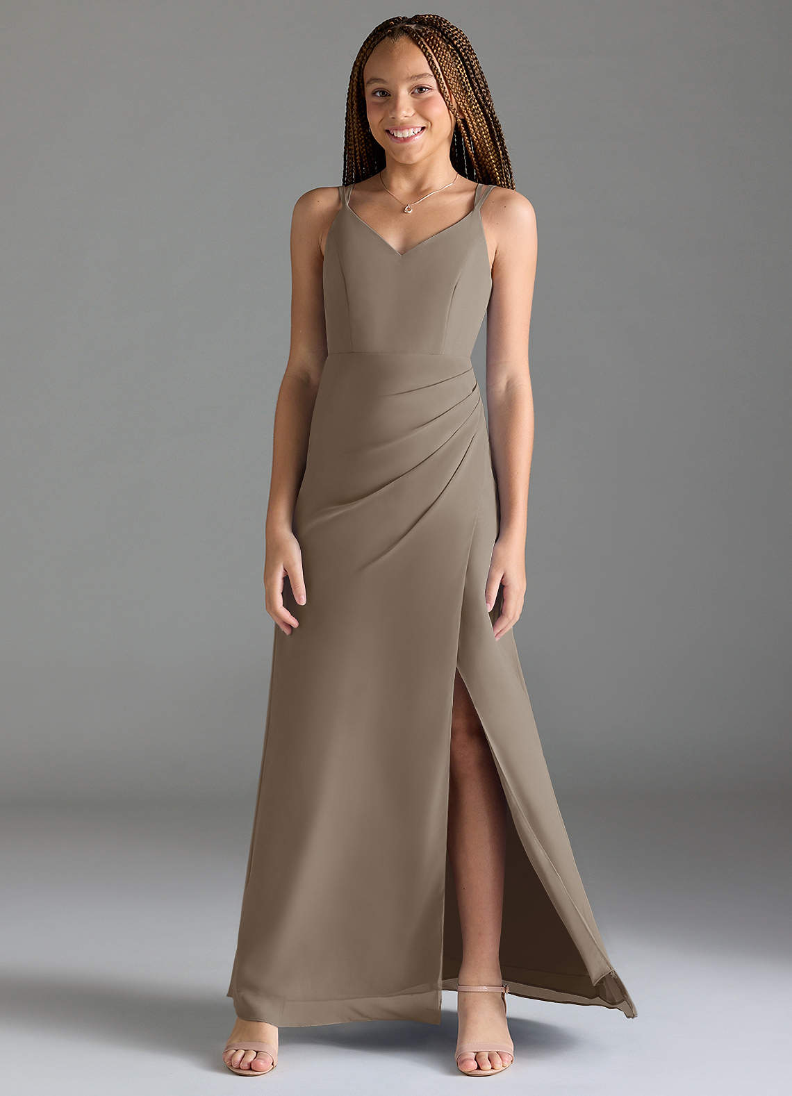 Azazie Leo Junior Taupe Mermaid Pleated Chiffon Dress image1