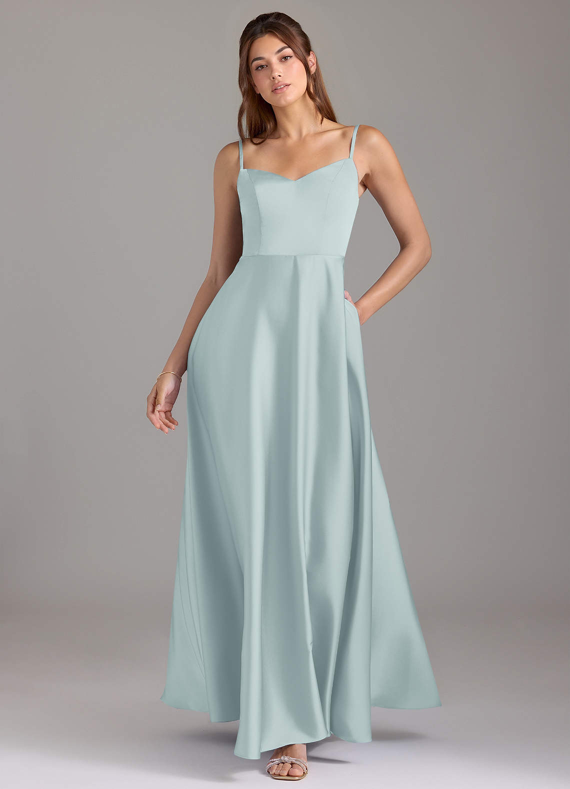 Azazie Marley Bridesmaid Dresses Mist A-Line Off the Shoulder Stretch Satin Convertible Dress image1