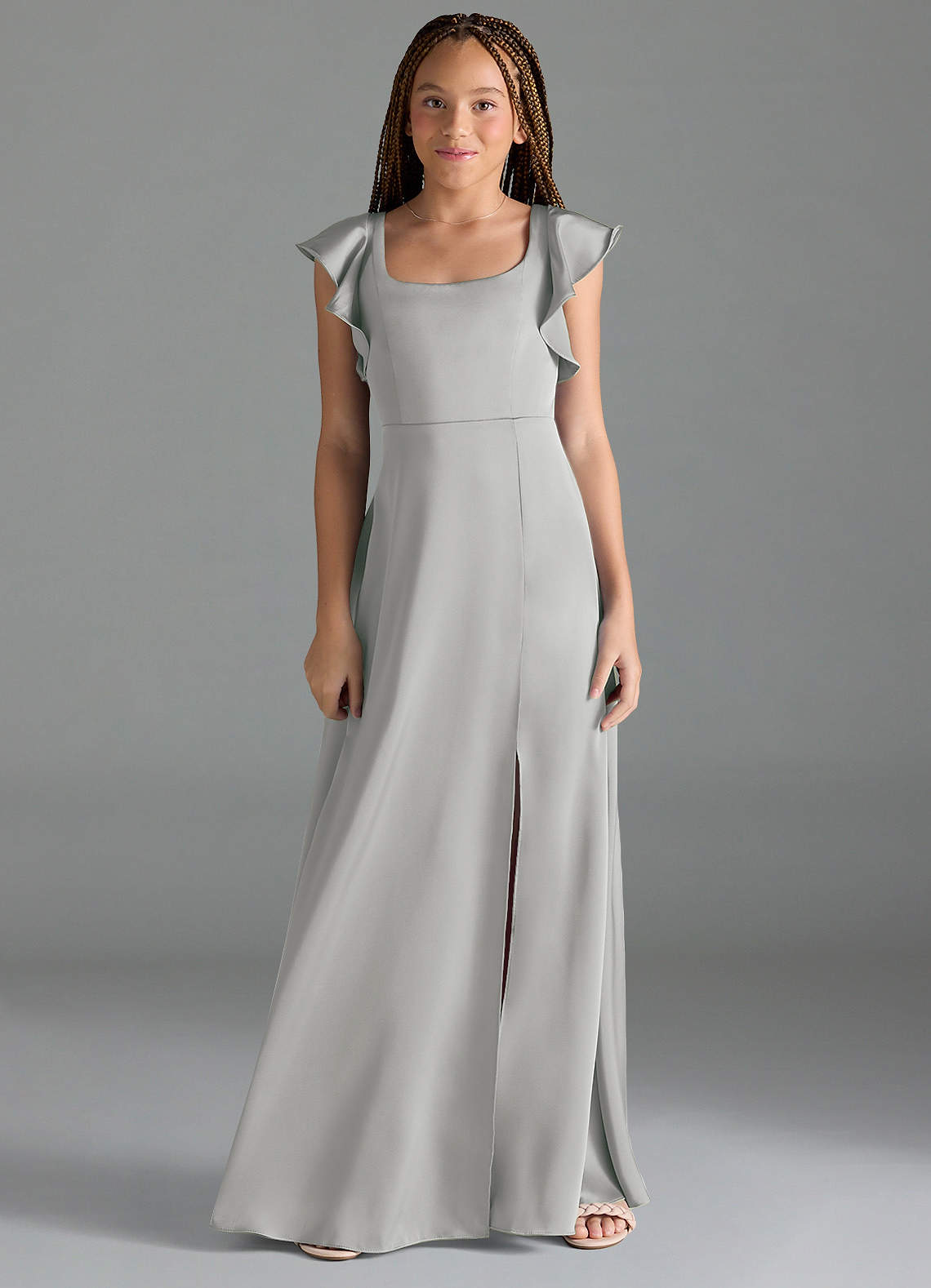 Azazie Bondi Junior Silver A-Line Side Slit Stretch Satin Dress image1