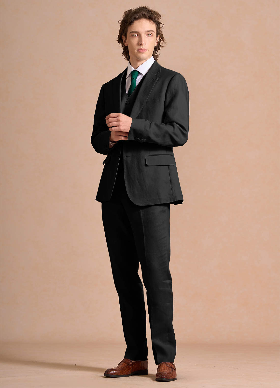 front Harrison Black 100% Linen 3-Piece Suit