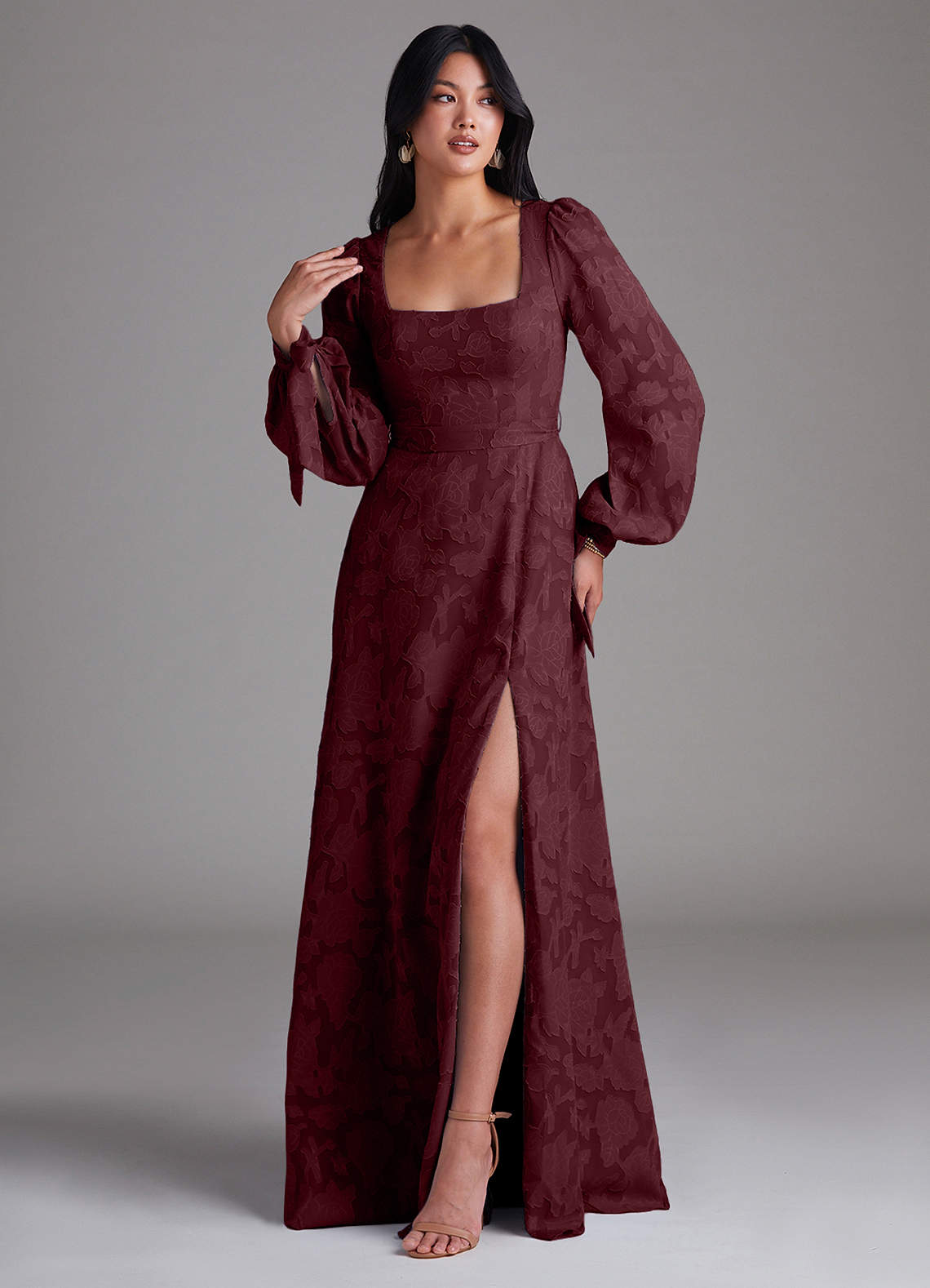 Azazie Leonia Bridesmaid Dresses Cabernet A-Line Long Sleeve Floral Burnout Dress image3