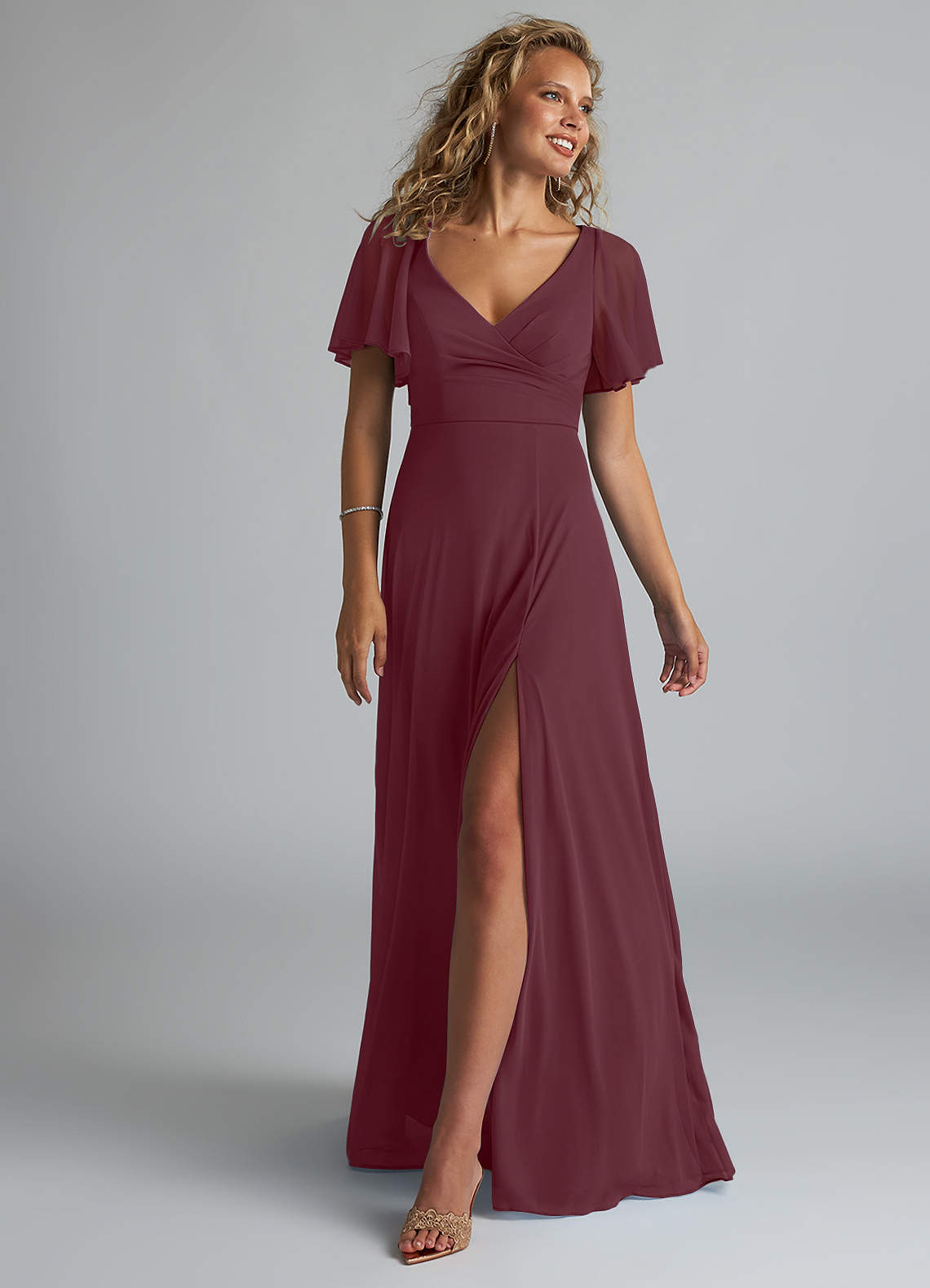 Azazie Induh Brautjungfernkleider A-Linie Flattert V-Hals Gittergewebe Kleid Cabernetrot image1