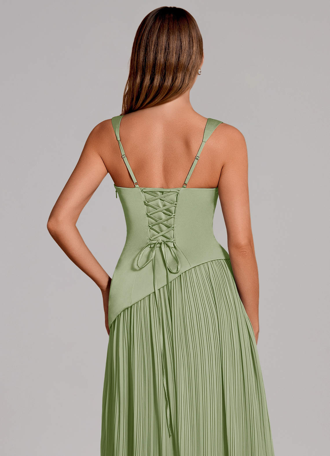 Azazie Stephanie Vestidos de damas de honor Vestido de Salvia Polvorienta de Satén Elástico de Corte en A con Plisado image1