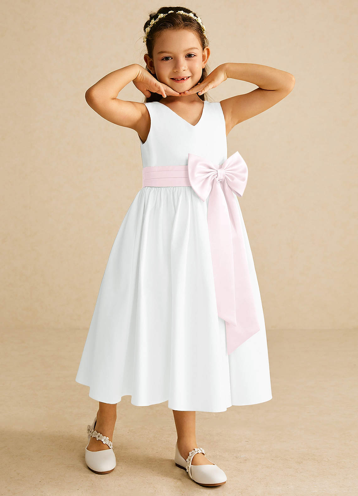 Azazie A Line V Neck Tea Length Matte Satin Flower Girl Dresses Ivory Blushing Pink