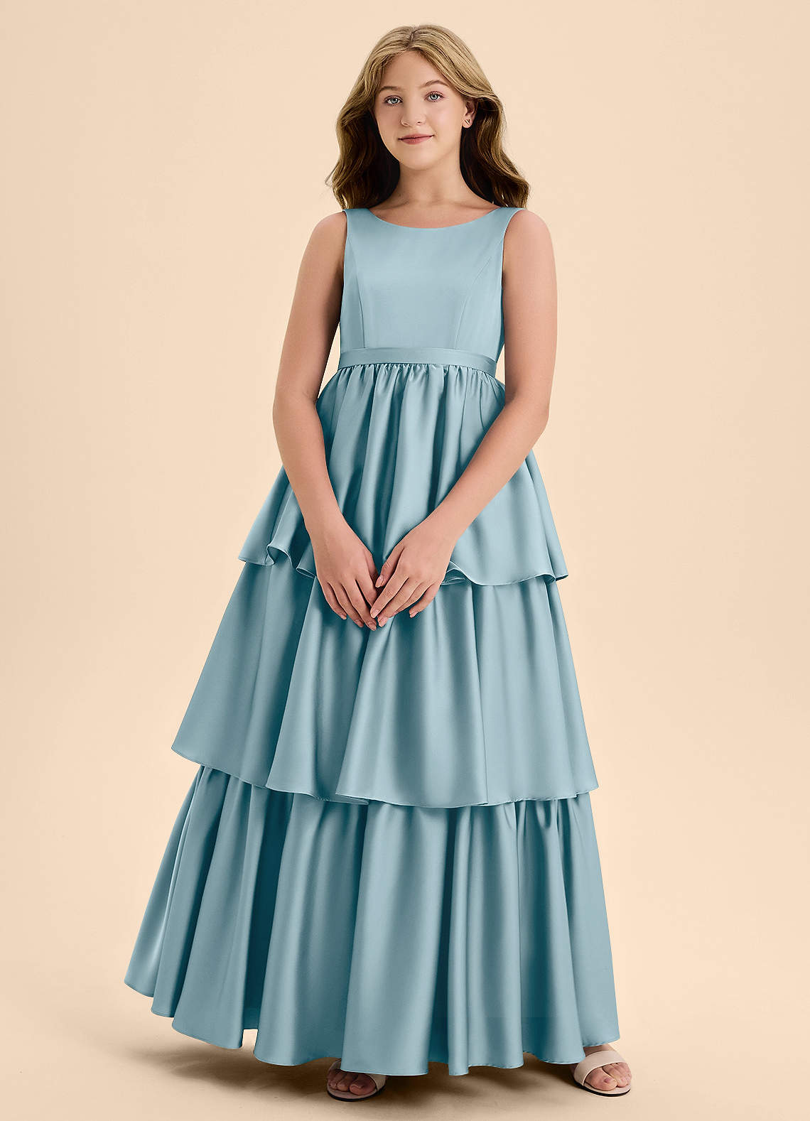 Azazie Meadowyn Junior Abito A-Line in Raso Elasticizzato Fiocco Blu Lunatico image1