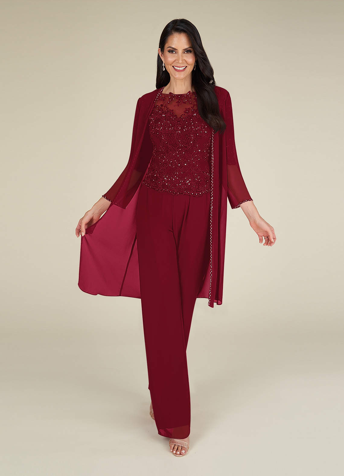Azazie Florida Abiti per la Madre della Sposa Abito Tuta Pantaloni in Chiffon Lustrini Borgogna image1