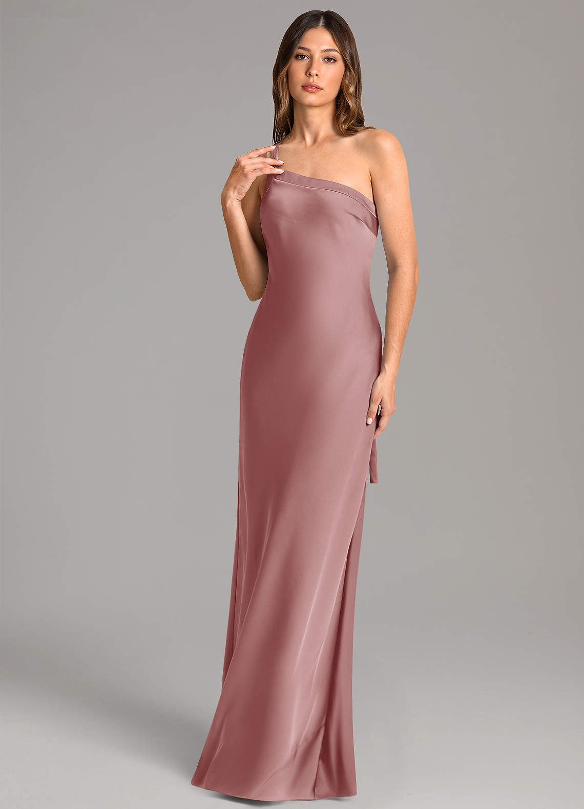 Azazie Monroe Bridesmaid Dresses Dusty Rose Mermaid One Shoulder Stretch Satin Dress image1