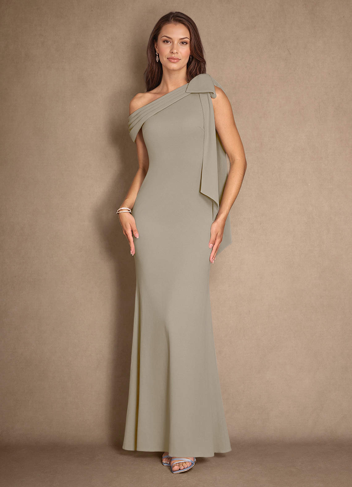Azazie Myers Mother of the Bride Dresses Taupe Mermaid Pleated Stretch Crepe Dress image1