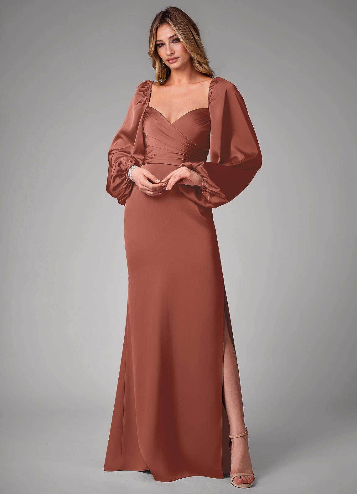 Azazie Sonata Bridesmaid Dresses Auburn Sheath Long Sleeve Stretch Satin Convertible Dress image1