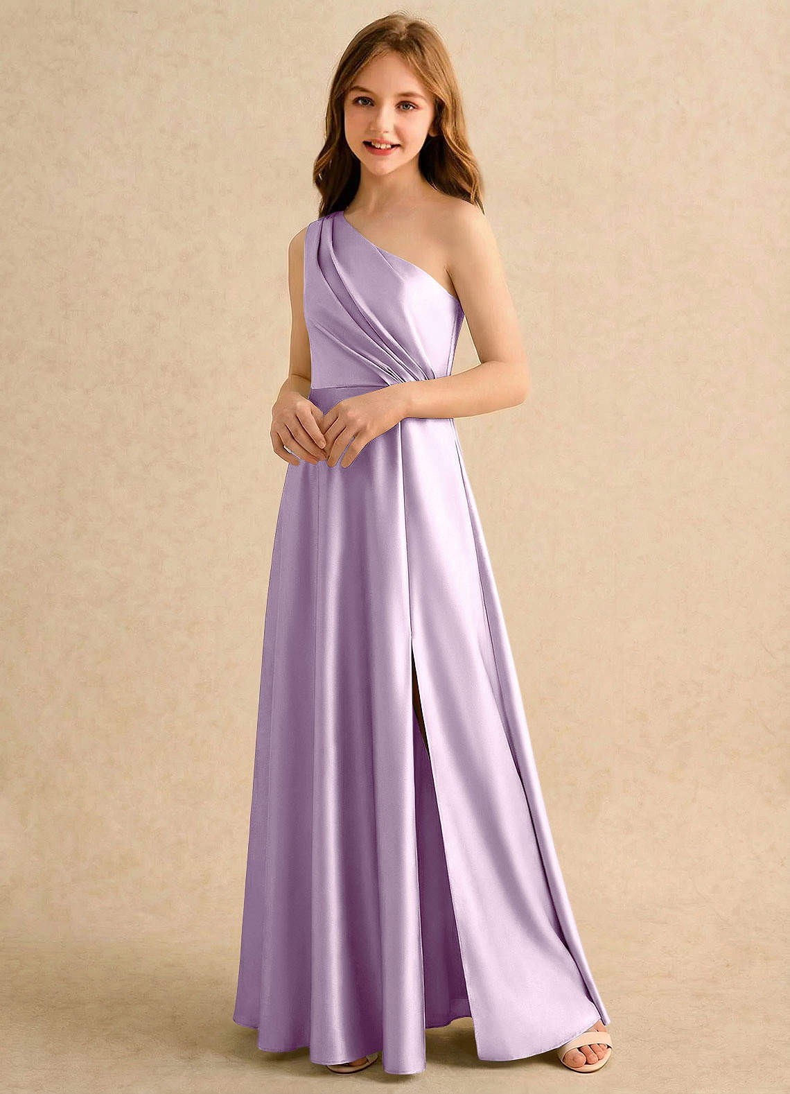 Azazie Puddles Girls Formal Flower Girl Klänningar Klänning A-Line i Stretch Satin One-shoulder image3
