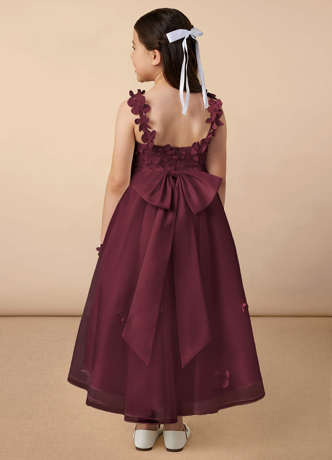 Tiered Tulle V-neck Long Flower Girl Ball Gown Cabernet