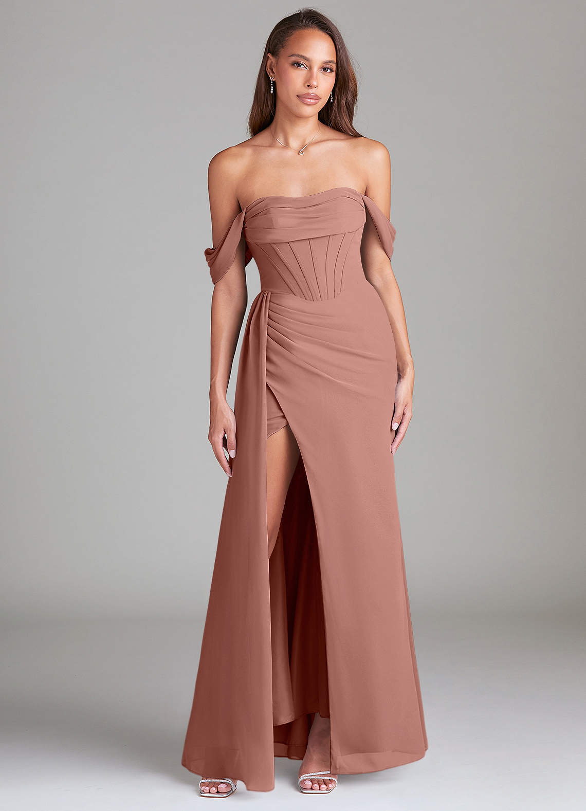 Azazie Amyra Bridesmaid Dresses Cedar Rose Sheath Off the Shoulder Chiffon Convertible Dress image1