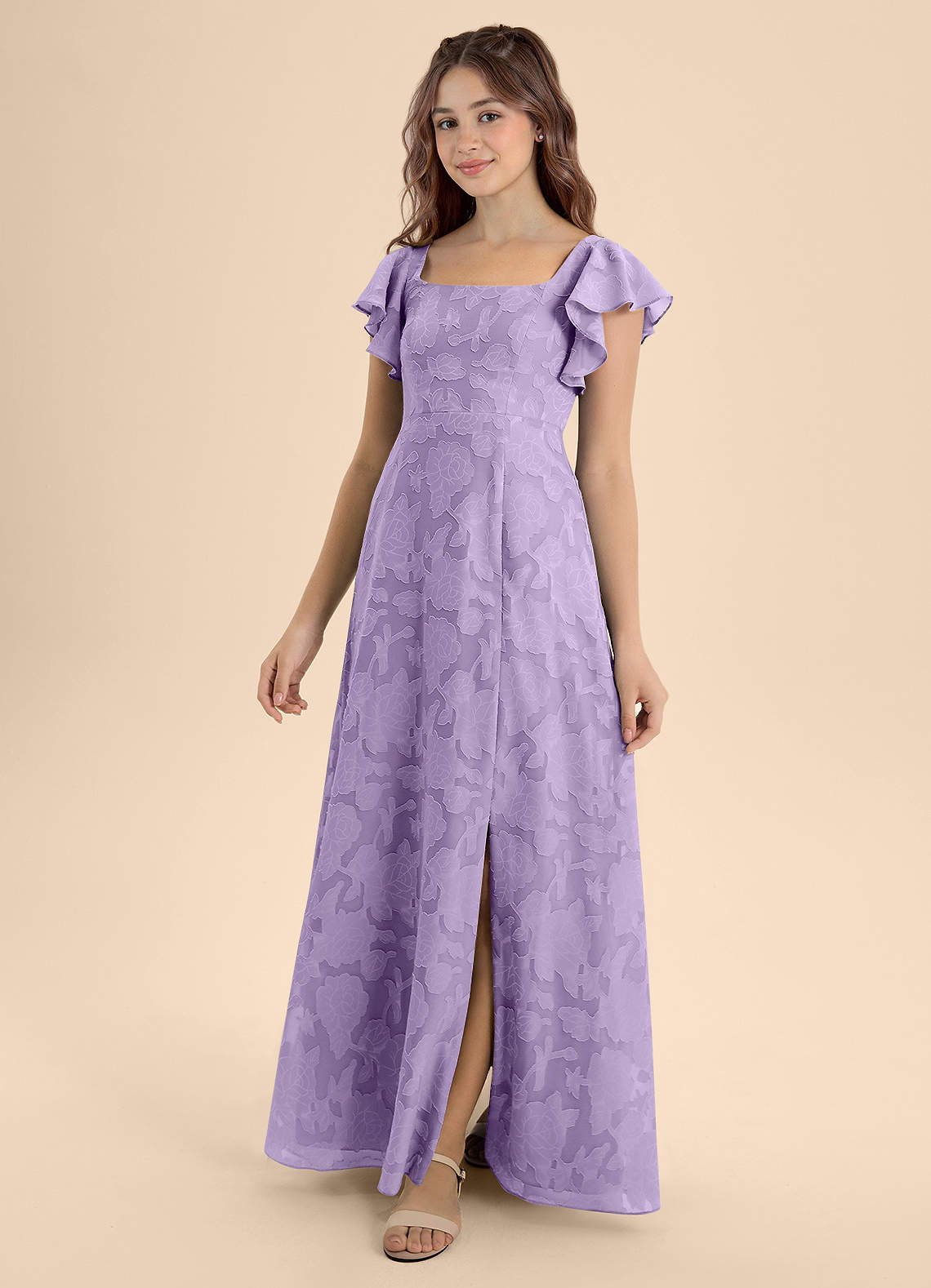 Azazie Bondi Junior Lilac A-Line Bow Floral Burnout Dress image1
