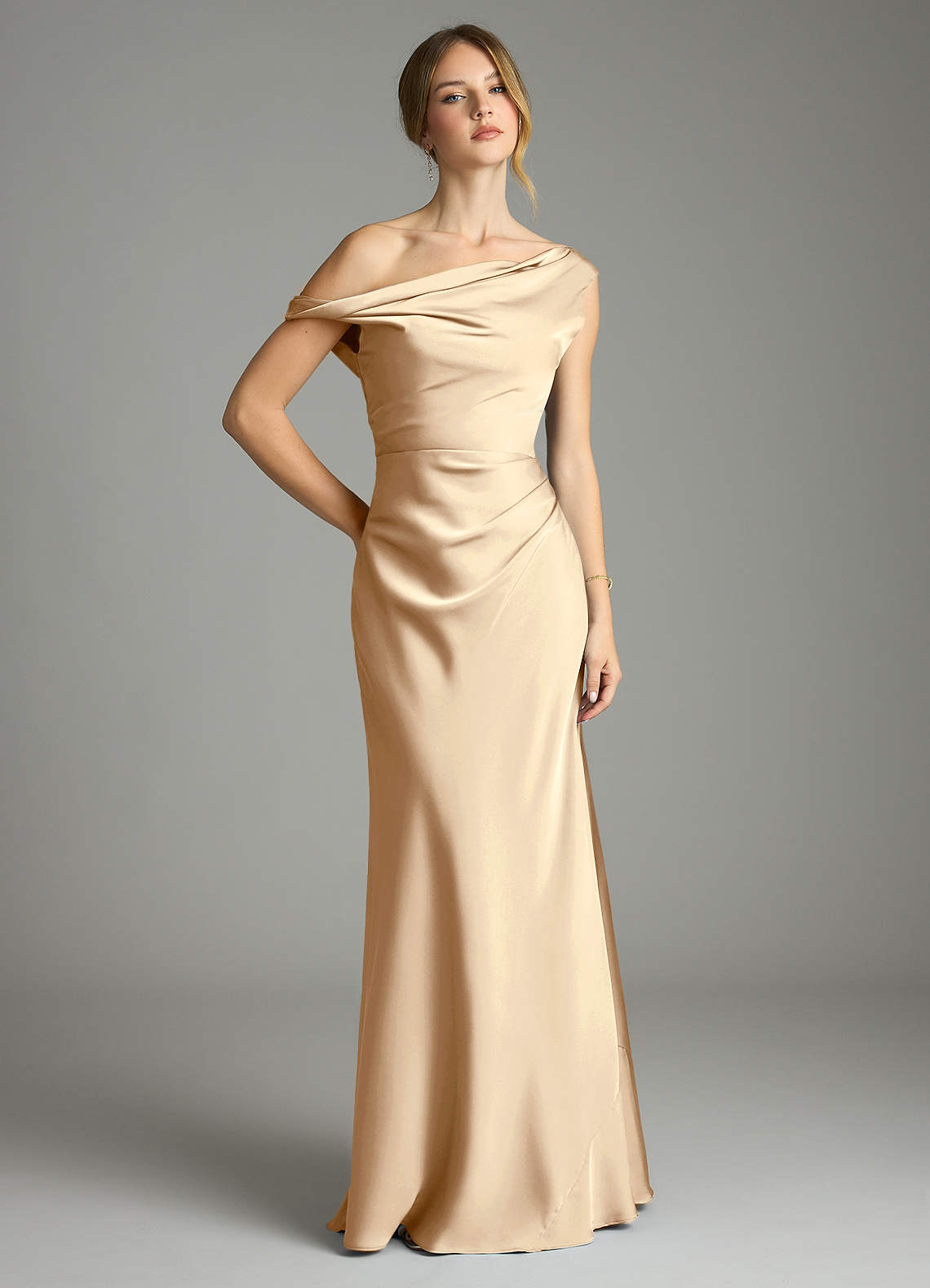 Azazie Emerson Bridesmaid Dresses Champagne Mermaid Off the Shoulder Stretch Satin Dress image1