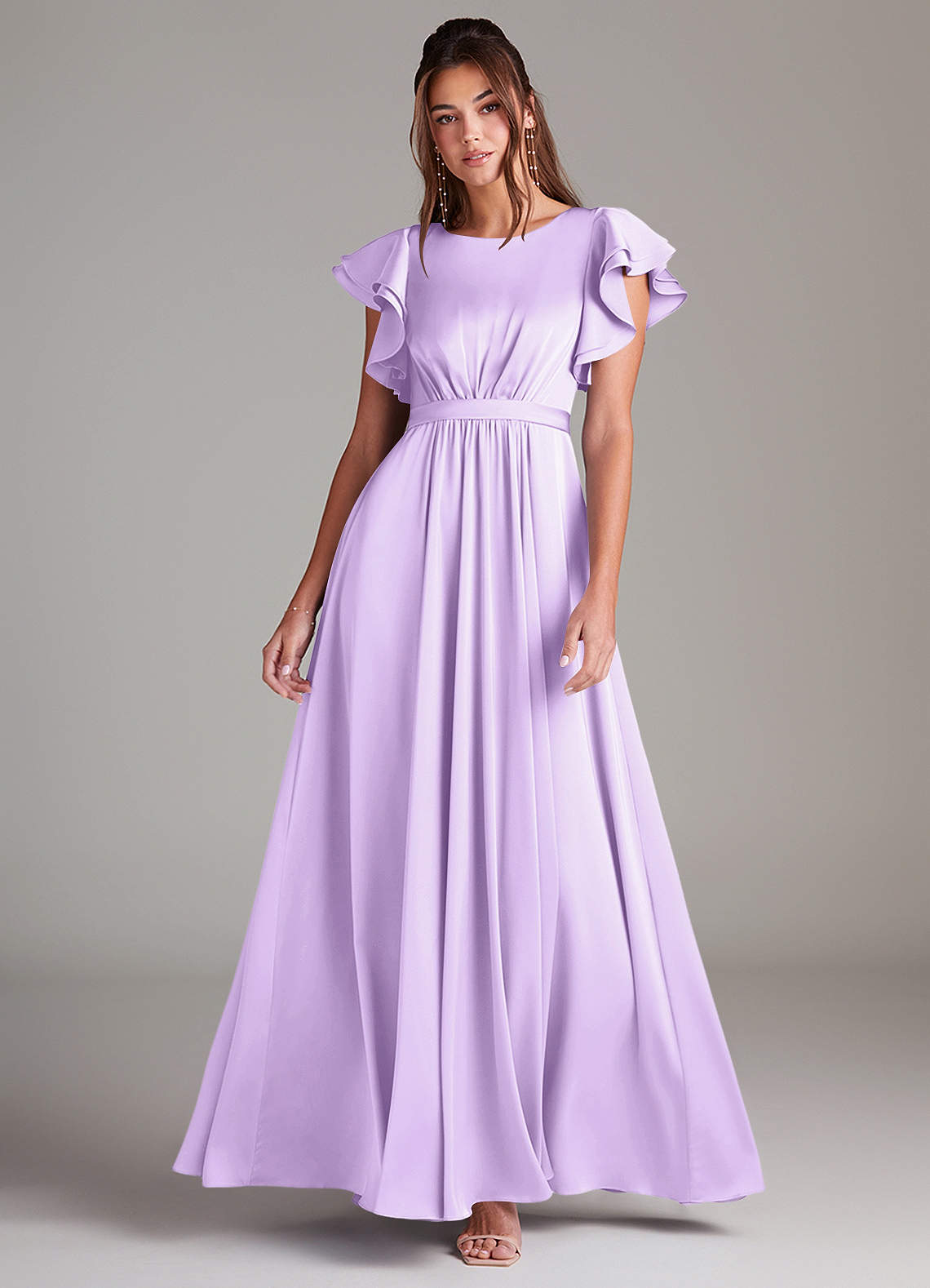 Azazie Daphne Modest Bridesmaid Dresses A-Line Ruched Stretch Satin Floor-Length Dress image1