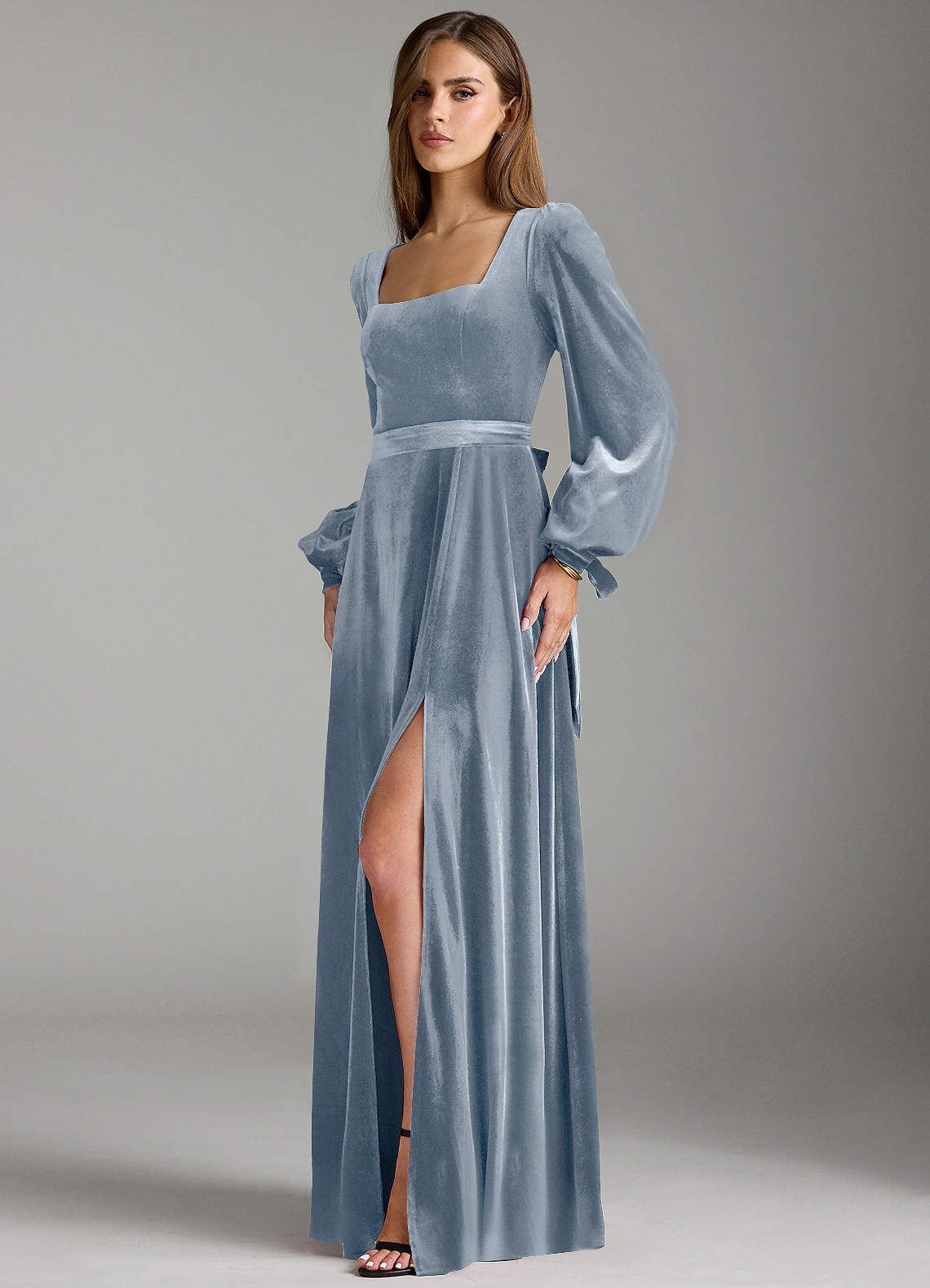 Azazie Leonia Ready to Ship Dusty Blue Velvet Bridesmaid Dresses | Azazie