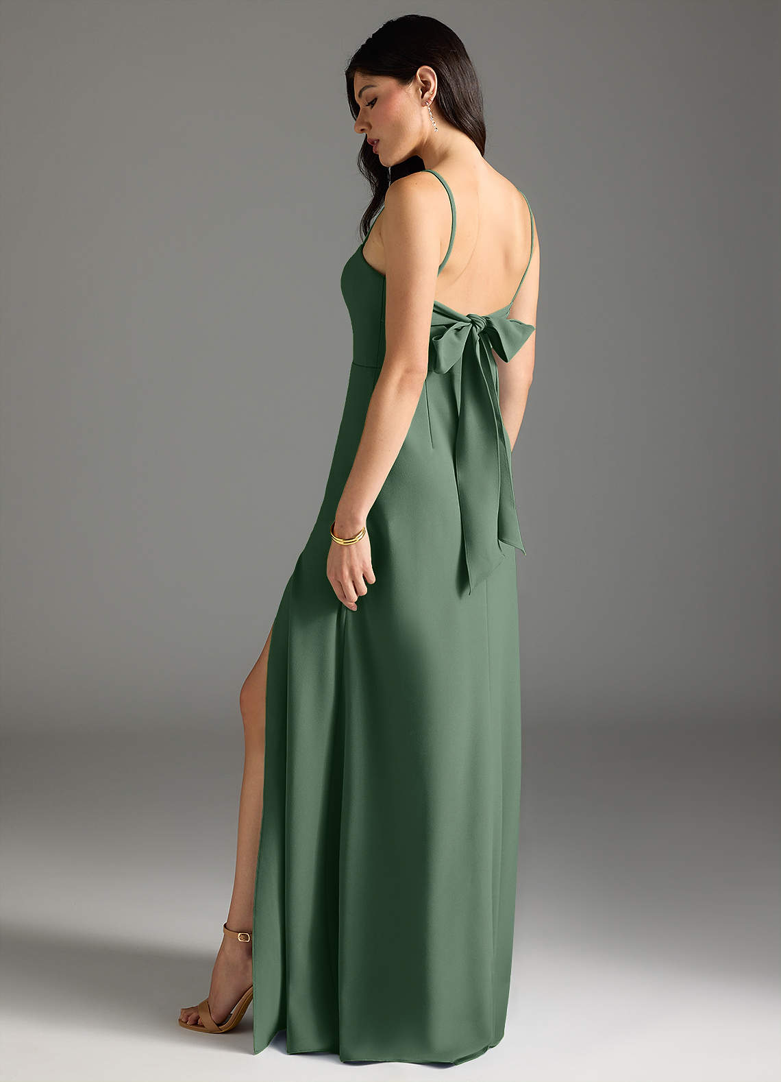 Azazie Melia Bridesmaid Dresses Eucalyptus A-Line Bow Stretch Crepe Dress image1