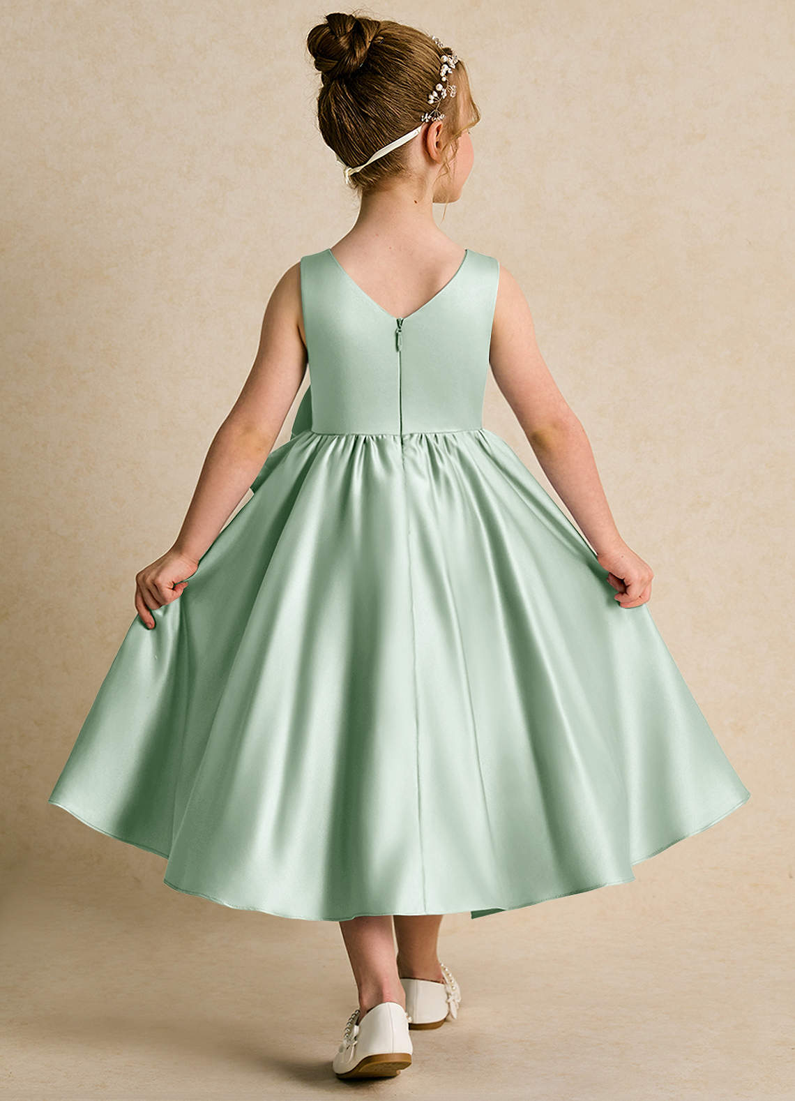 Azazie Hermia Flower Girl Dresses Agave A-Line Sleeveless Matte Satin Dress image1