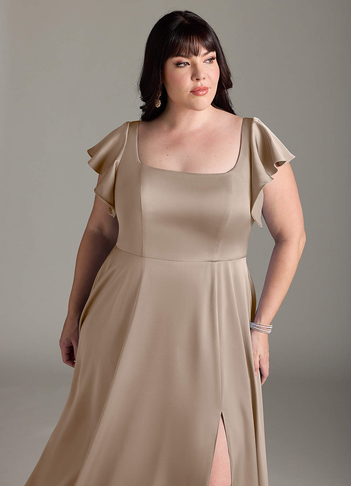 taupe plus size bridesmaid dresses Azazie A-Line Square Neck Floor-Length Stretch Satin Color:Jade* Sash/Ribbon Cotton dresses Jersey Fitted Strapless Slit
