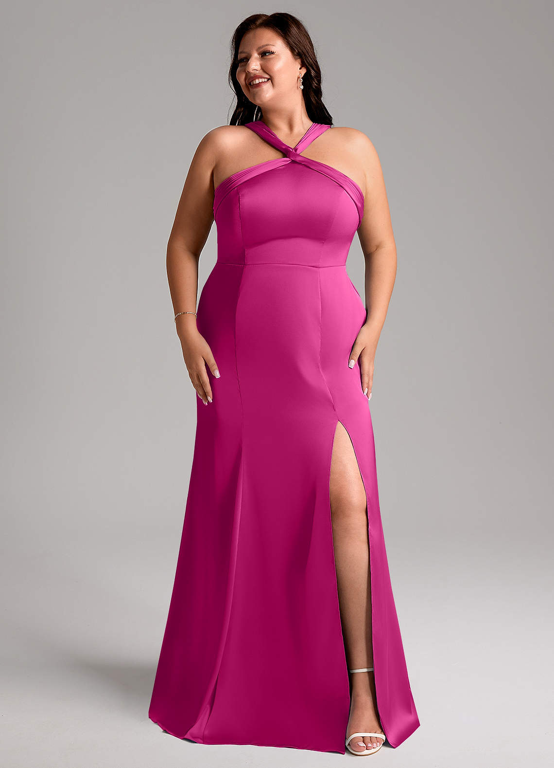Azazie Mermaid Halter Neck Floor-Length Stretch Satin Bridesmaid Dresses - fuchsia