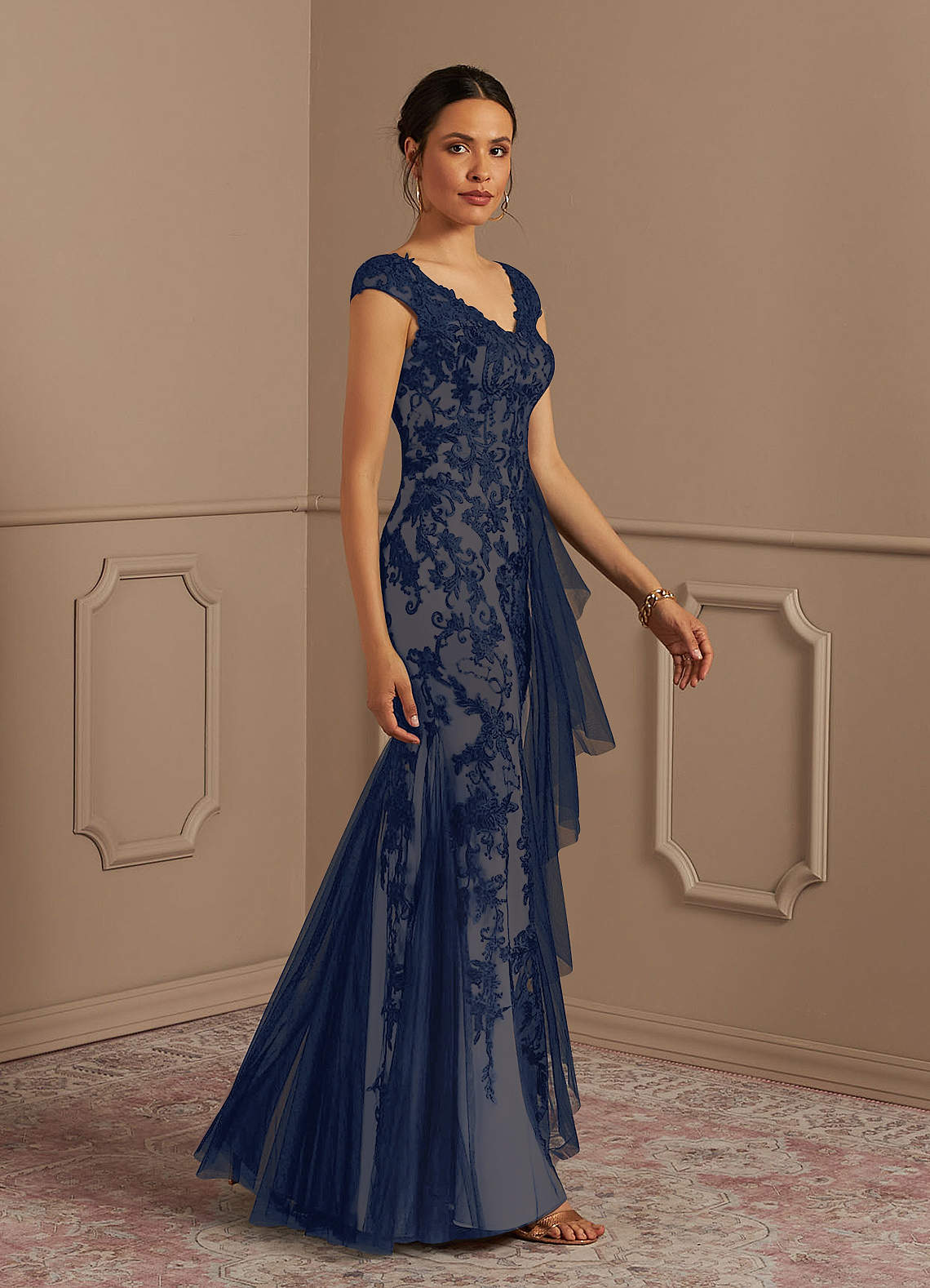 Azazie Melena Dark Navy Champagne Mermaid Lace Tulle Dress Ready
