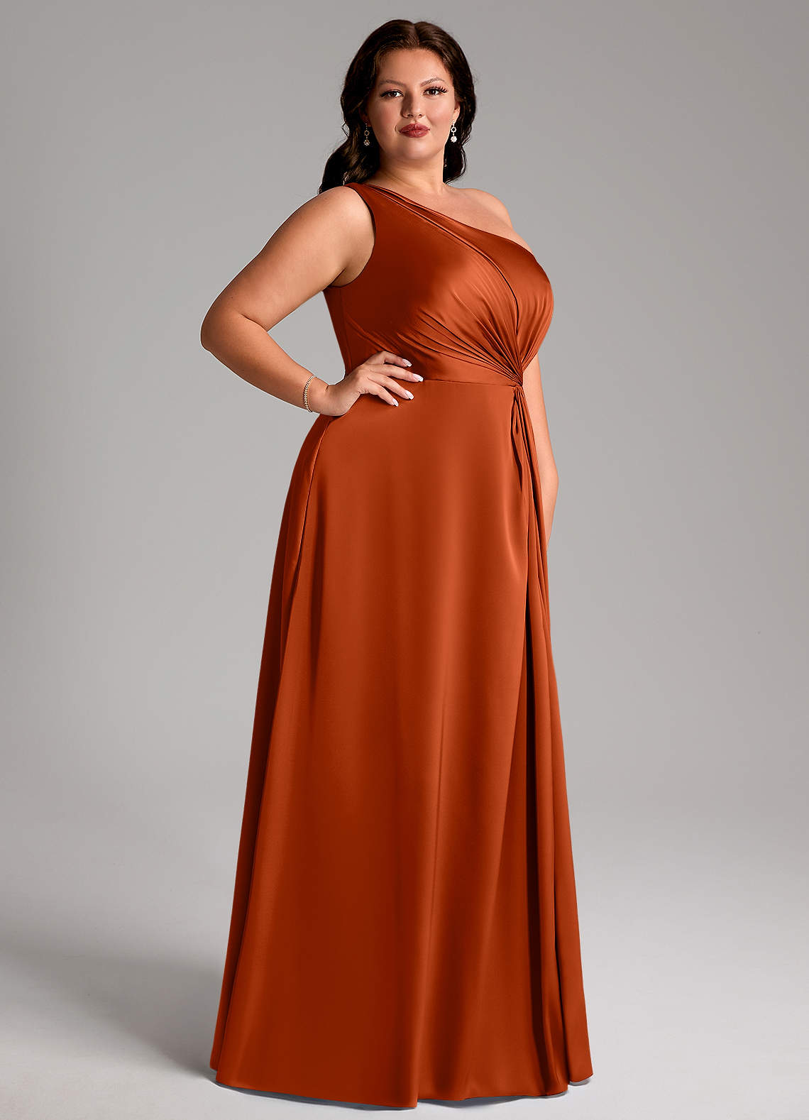 Azazie Brooke Jurken voor bruidsmeisjes Jurk van Stretch Satijn met A-Lijn One-Shoulder Paprika image9