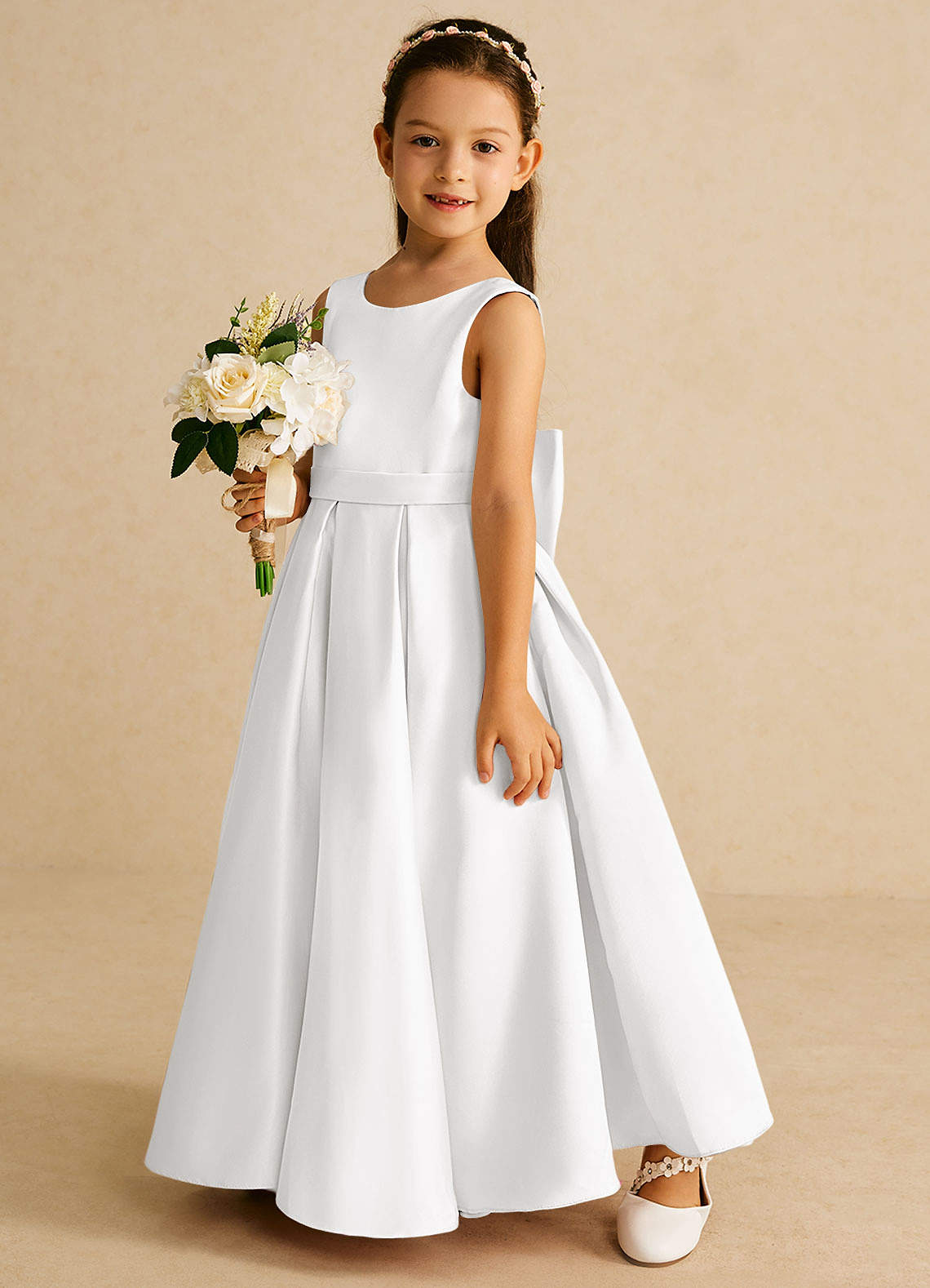 Azazie Pipsy Flower Girl Dresses White A-Line Bow Matte Satin Dress image1