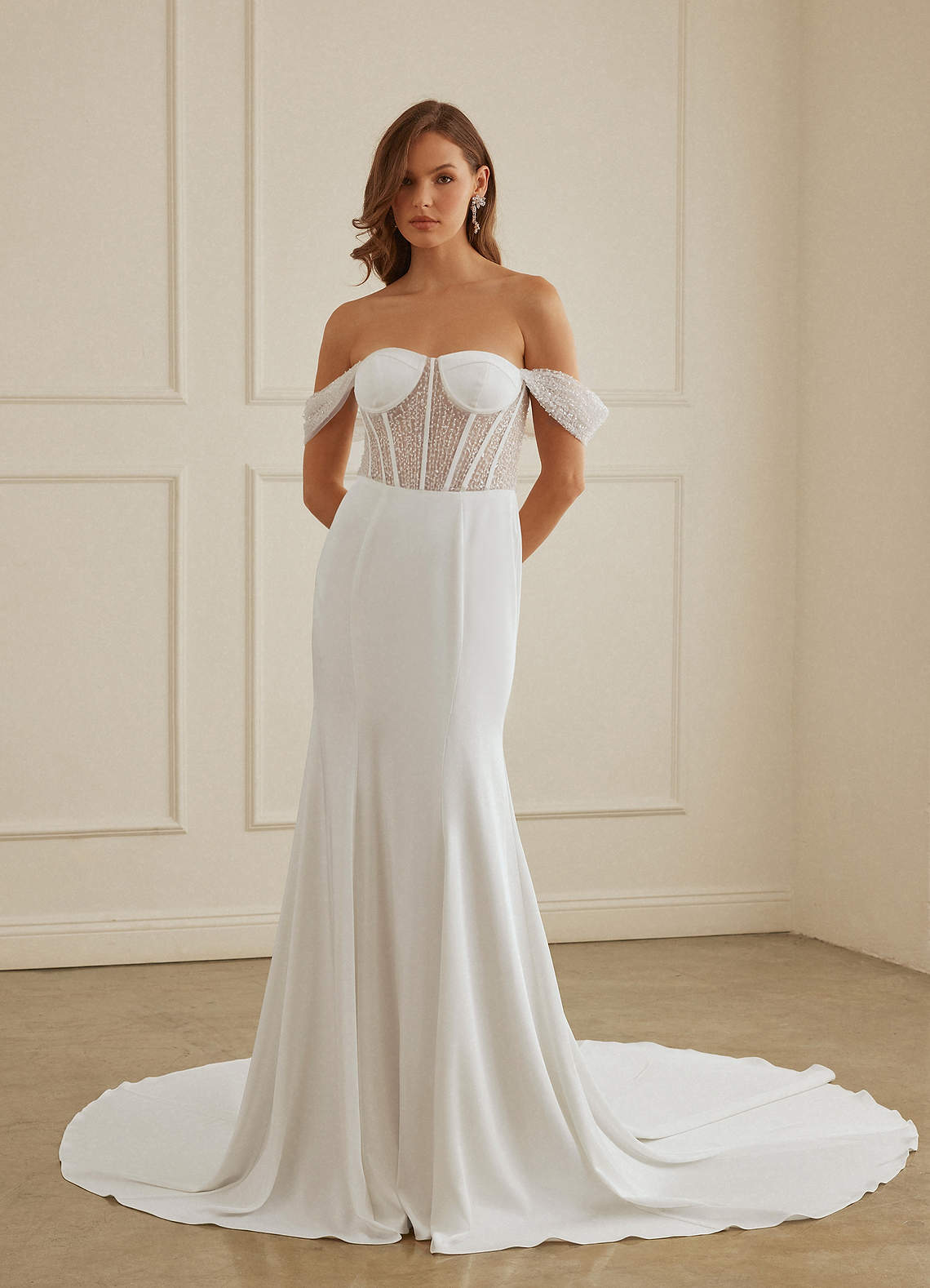 Christian Siriano Bridal for Azazie 2006 Wedding Dresses Beaded Off Shoulder Crepe Back Satin Mermaid Gown image2