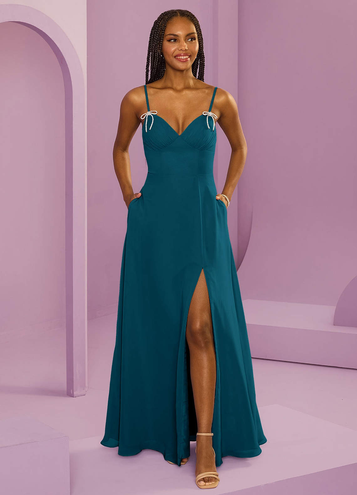 Barbie ♥ Azazie Bridesmaid Dresses Ink Blue A-Line with Pockets Chiffon Dress image1