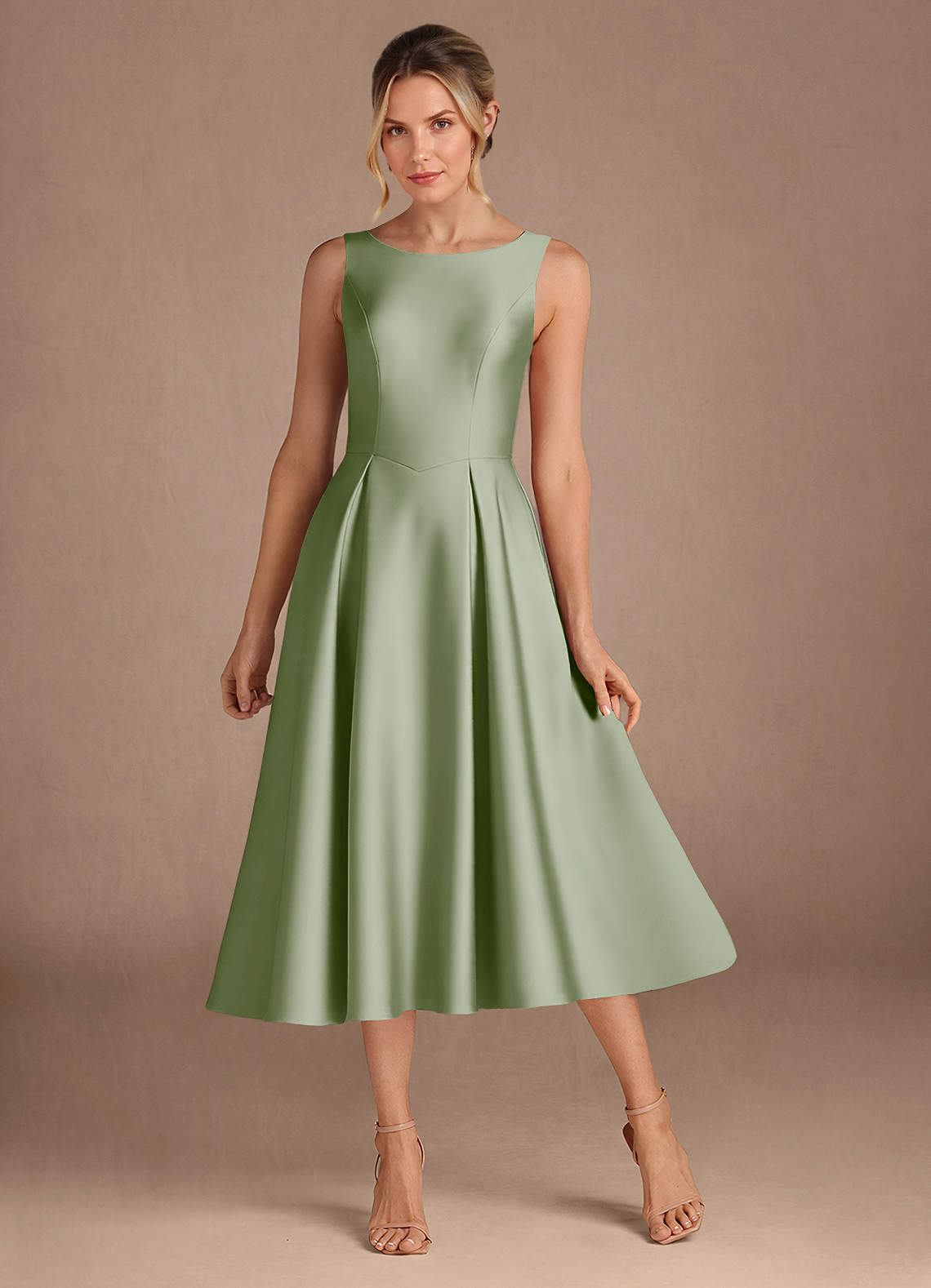 Azazie Fulton Mother of the Bride Dresses Dusty Sage A-Line Pleated Stretch Satin Dress image1