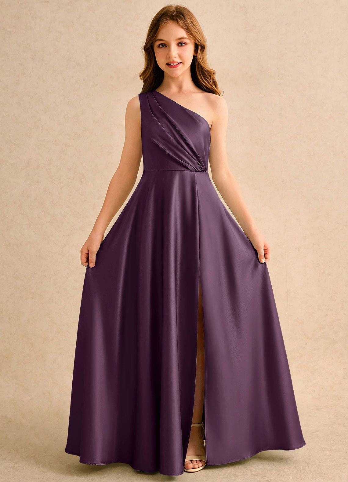 Azazie Puddles Girls Formal Flower Girl Klänningar Klä A-Line i Stretch Satin Ena axeln image4